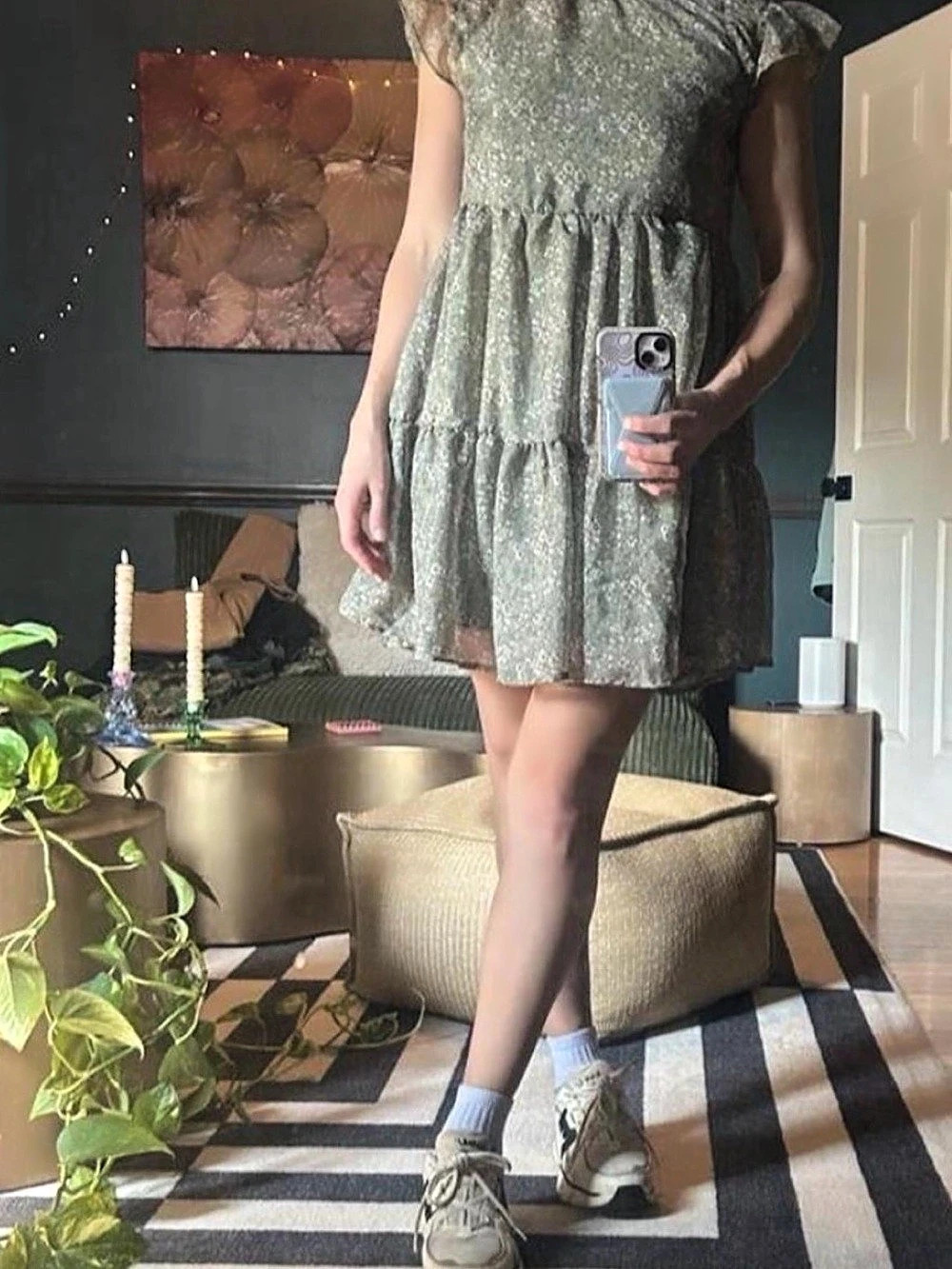 Moon River Floral Mini Dress Green & White XS Like New